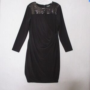 Lauren Ralph Lauren Black Sequin‎ Faux Wrap Ruche Long Sleeve Dress